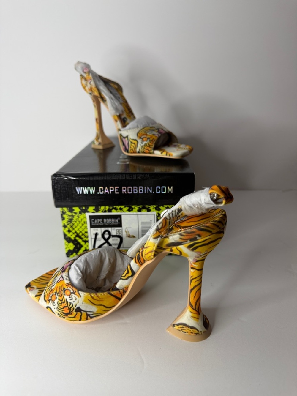 Cape Robbin Yellow Tiger-Print Open-Toe Heels with Orange Accent - Picture 5 of 9